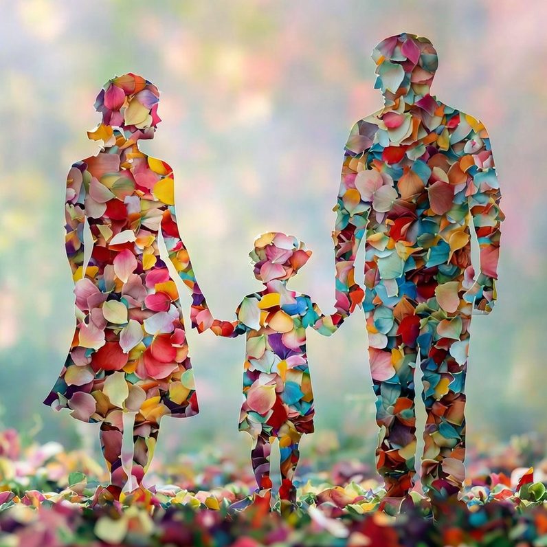 pareja con hija en primer plano, y después todos sus ancestros y antepasadas que les precedieron
